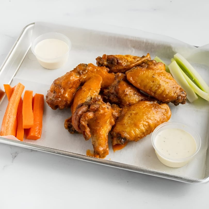 Big City Slices' buffalo wings with celery, carrots, and dipping sauces on a metal tray.